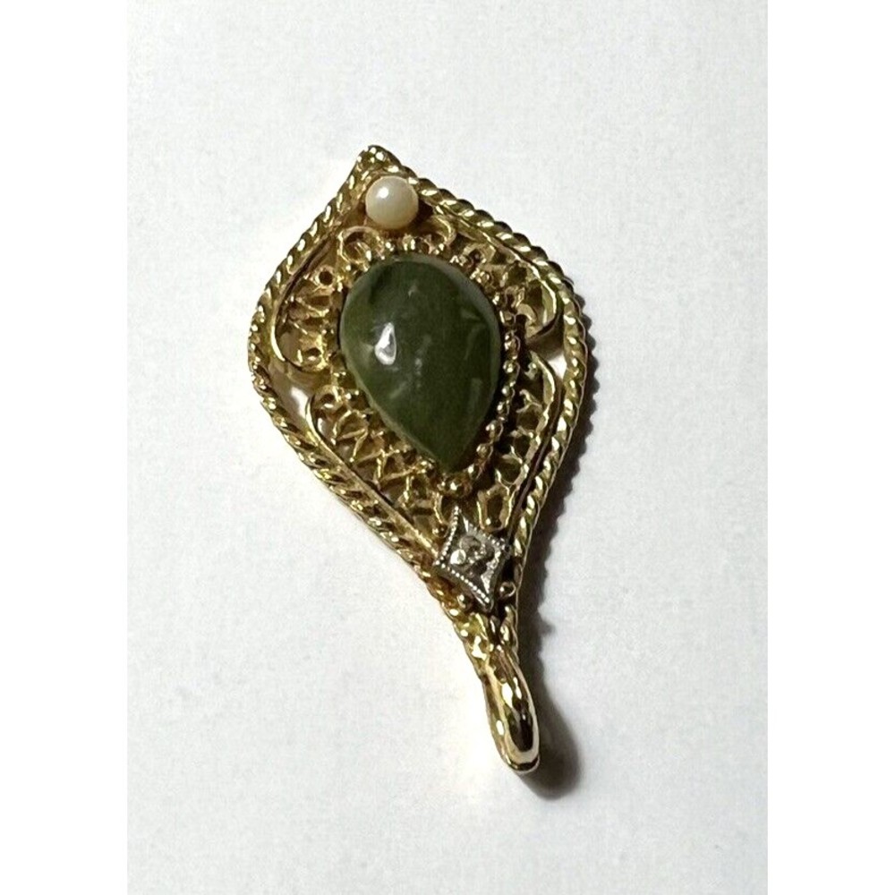 Vtg Jade Diamond and Cultured Pearl Teardrop Gold Tone Pendant Pat Pending - Picture 5 of 6